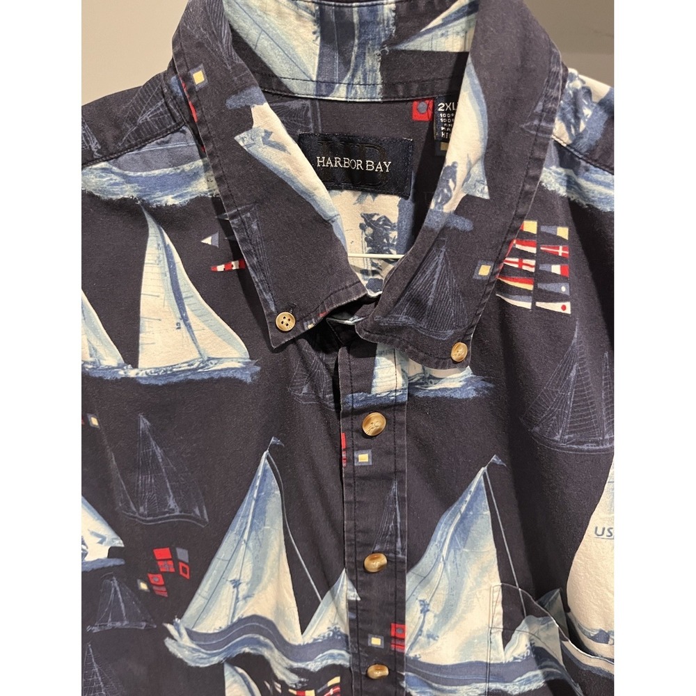 Harbor Bay Mens 2XLT Sailboat Nautical Print Cotton Button Down Shirt Navy Blue